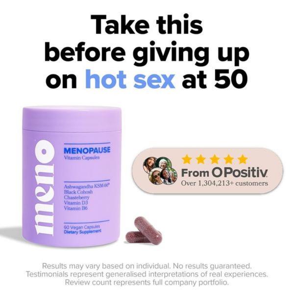 A static 1:1 image featuring a menopause vitamin capsule bottle with a high-contrast, bold-text hook regarding sexual health for women over 50.